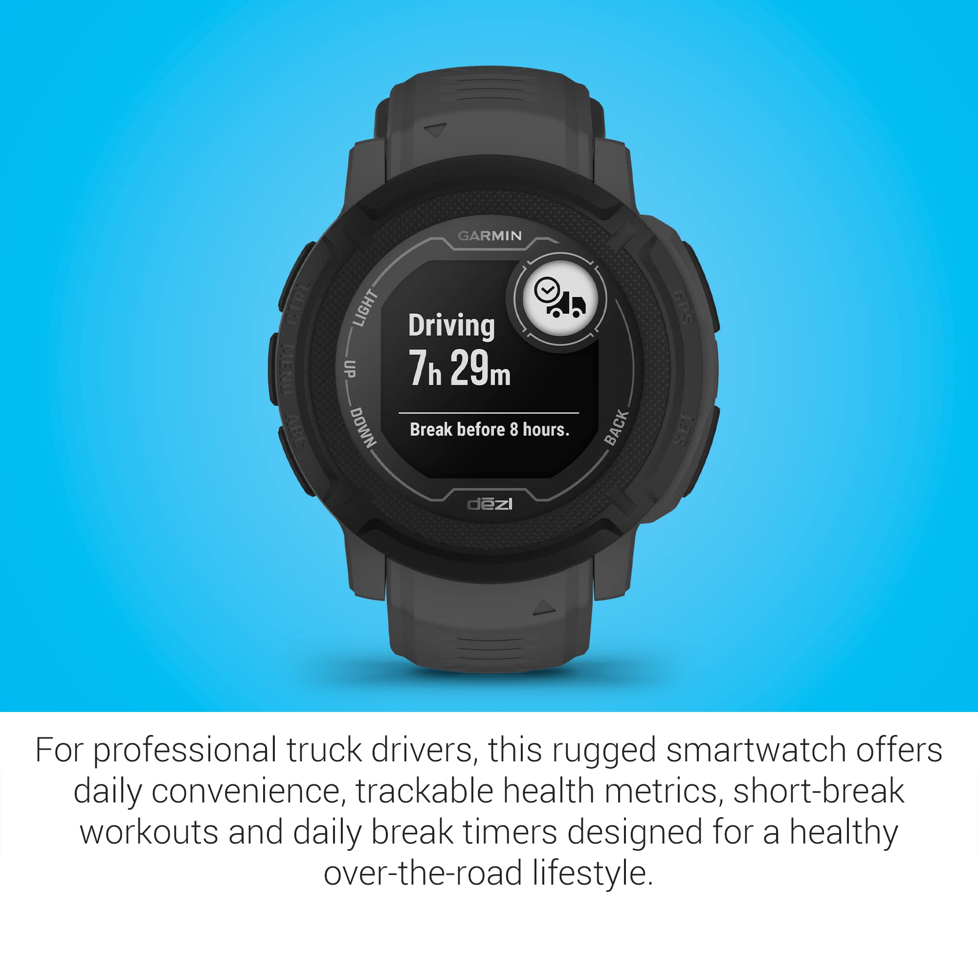 Garmin Instinct 2, dezl Edition, Rugged Trucking Smartwatch, Easy Break Planning, Compatible with the dezl OTR Navigator, Black