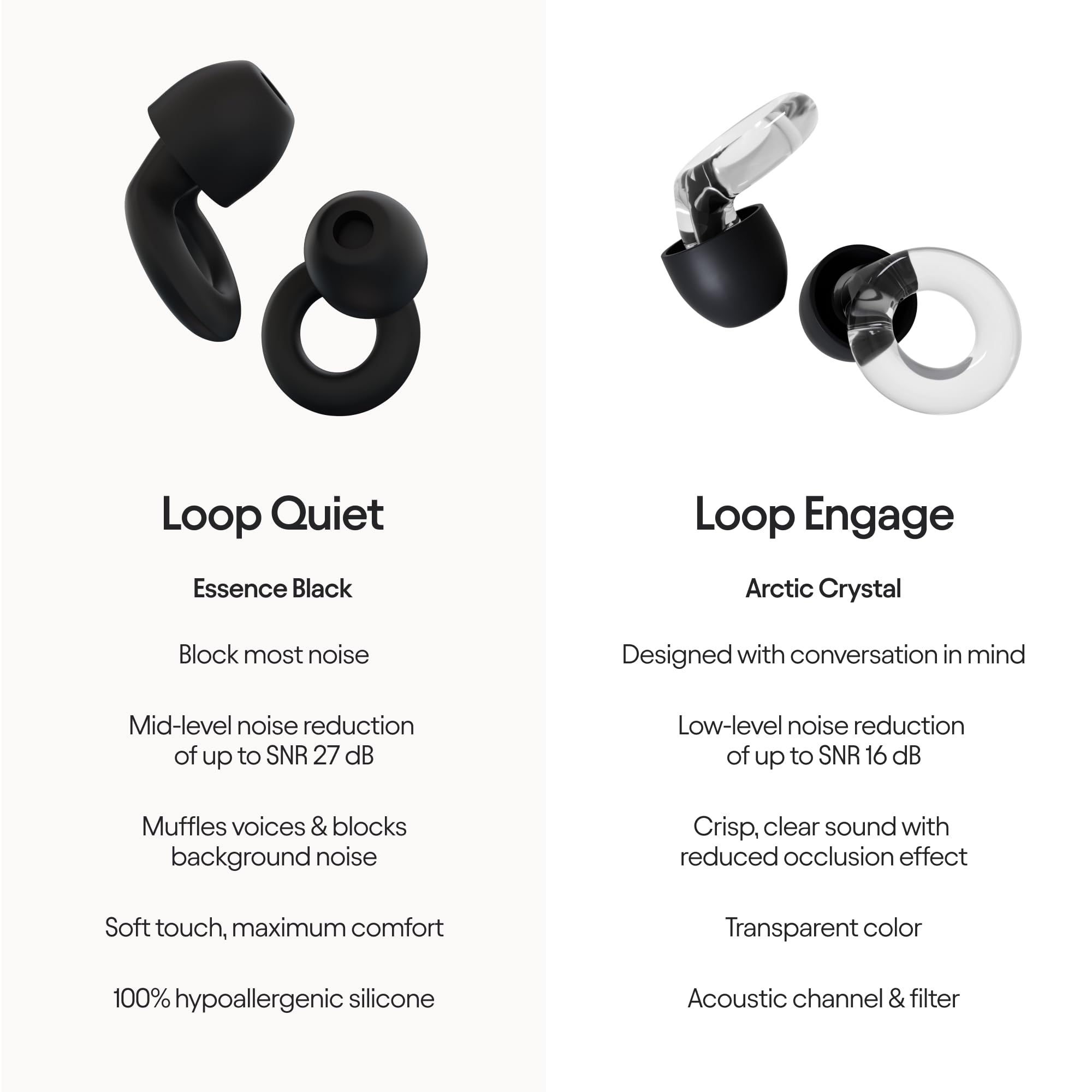 Loop Earplugs Everyday Bundle (2-Pack) – Loop Quiet (Black) + Loop Engage (Crystal) | Reusable Ear Plugs for Sleep, Focus, Noise Sensitivity, Socializing & More | 27 dB/16 dB Noise Reduction