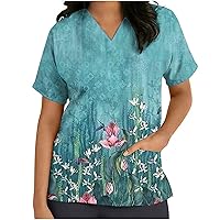 Scrub Tops Women Print Patterned Mock Neck Short Sleeve T-Shirts Trendy Short Sleeve Workout Shirts for Women