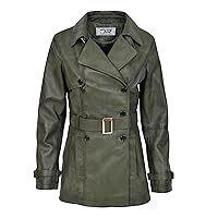 DR201 Women's Leather Buttoned Coat With Belt Smart Style Green