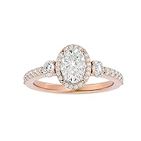 Certified 3 Stone Diamond Ring in 14K White/Yellow/Rose Gold with 1.22 Ct Center Oval Moissanite Diamond & 0.73 Ct Side Round Natural Diamond Engagement Ring for Women | Solitaire Ring (G-VS2, IJ-SI)