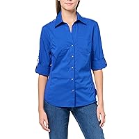 Zac & Rachel Women's Button Up Shirt with Two Front Pocket Design and Rolled 3/4 Sleeve