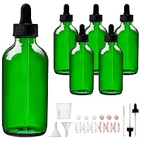 6 Pack 4oz Green Glass Bottles with Glass Eye Droppers for Essential Oils, Perfumes & Lab Chemicals (Brush, Funnels, 2 Extra Droppers, 12 Pcs Labels & Measuring Cup Included)
