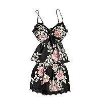Floral Sexy Pajamas Set Women Sling Camisole Lace Trim Shorts 2 Piece Pjs Outfits Soft Satin Sleepwear Lingerie
