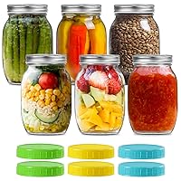 32 oz Wide Mouth Mason Jars with Metal Lids & Plastic Lids, Quart Size Clear Glass Jars for Preserving, Meal Prep, Salad, Canning, Fermenting, Favors, Home Decor, DIY - 6 Pack1 +1