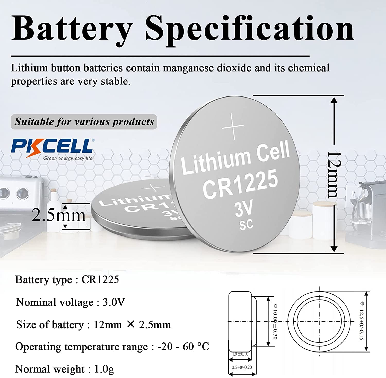 PKCELL CR1225 Battery 3V Lithium Button Coin Cell for Car Key 5-Year Shelf Life (5 Counts)