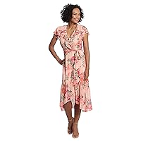 London Times Women's Soft Feminine Ruffle Wrap High Low Dress with Arm Coverage