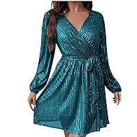Sequin Elegant Mini Dress for Women Wrap V-Neck Long Sleeve Dress 2024 Plus Size Belted Glitter Cocktail Dresses