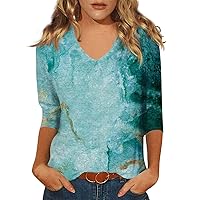 Womens Tops Casual 2024 Summer Latest Style Print Blouses Tops 3/4 Length Sleeve V Neck Tunic Top Loose Shirt