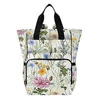 Watercolor Flowers Wildflower Leaves Diaper Bag Backpack for Baby Boy Girl Large Capacity Baby Changing Totes with Three Pockets Multifunction Travel Diaper Bag for Picnicking Playing