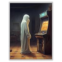 Vintage Arcade Cute Ghost Poster - ( 12x16 inch ) - Halloween Wall Decor Poster, Vintage Gamer Room Poster, Ghost Wall Art, Retro Vintage Cool Arcade Wall Art Poster for Gamer Teen Boy Room Boys