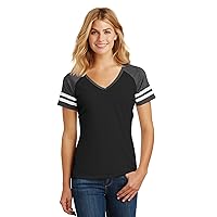 District Made Ladies Game V-Neck Tee. DM476 Black/ Heathered Charcoal M