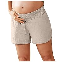 Women's Double Layered Pleats Maternity Shorts Underbelly Drawstring Elastic Waist Short Sleeve Cardigans for
