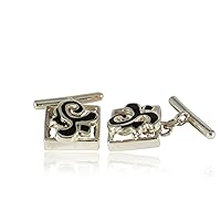 Sterling Silver Chain Cufflinks with Black Fleur De Lis Design with Presentation Box