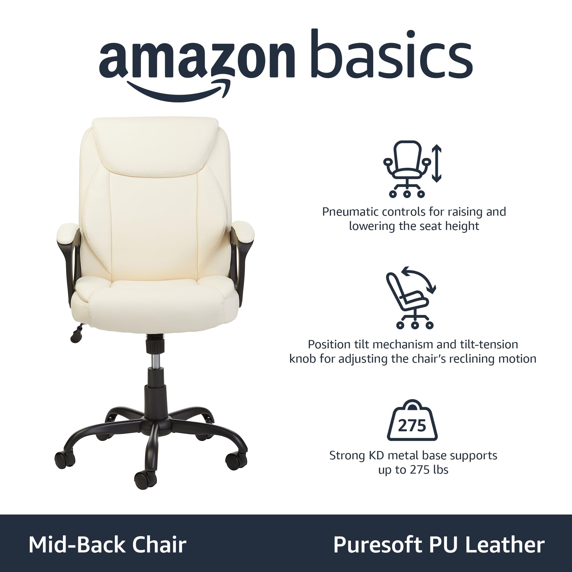 Basics Classic Puresoft PU Padded Mid-Back Office Computer Desk  Chair with Armrest - Cream, 26D x 23.75W x 42H