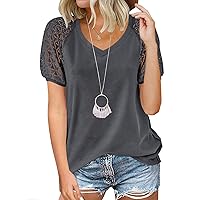 MEROKEETY Women's Summer Lace Short Sleeve V Neck Tops Shirt Loose Casual Waffle Tee Blouse