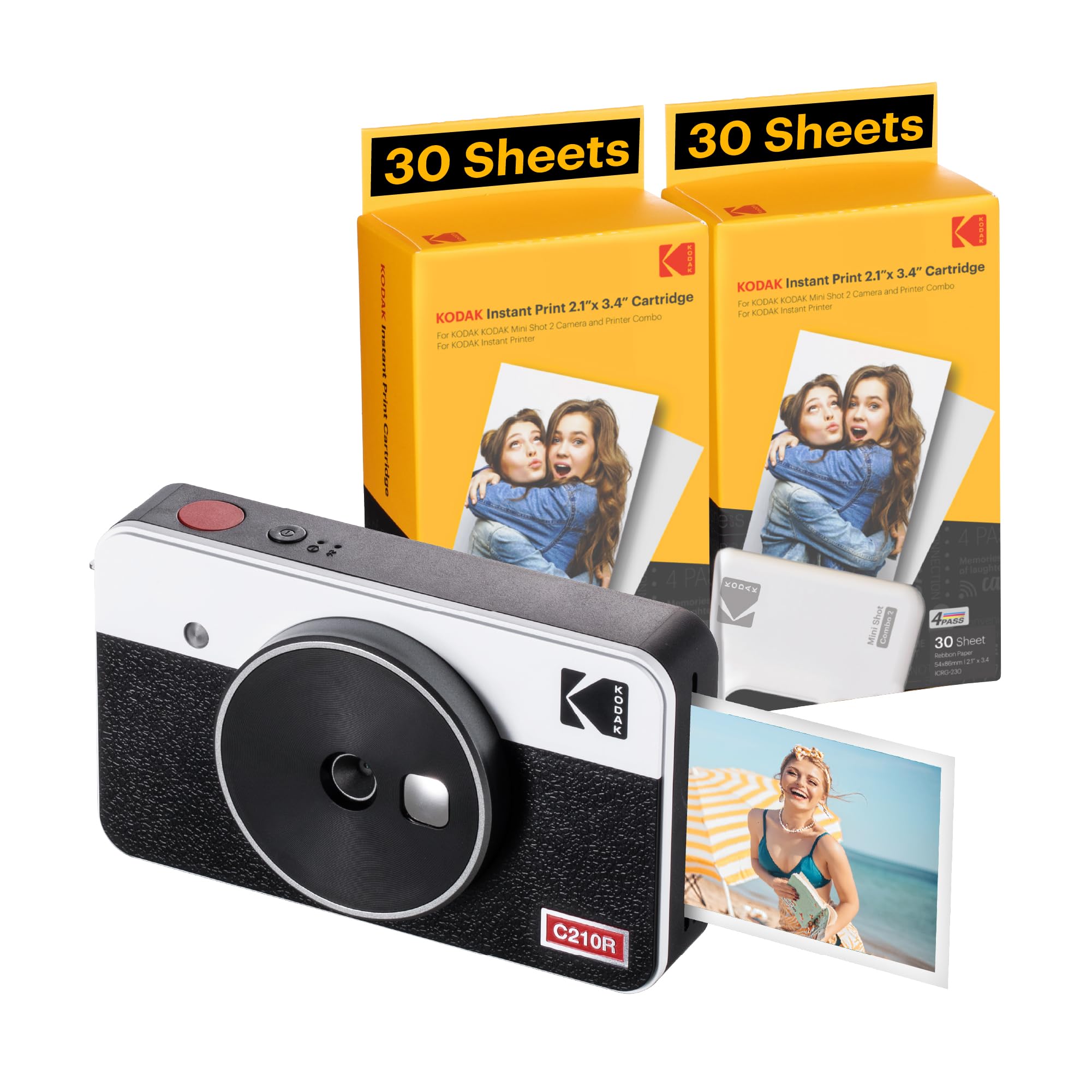 KODAK Mini Shot 2 Retro 4PASS 2-in-1 Instant Digital Camera and Photo Printer (2.1x3.4 inches) + 68 Sheets Bundle, White