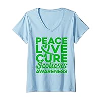 Womens Peace Love Cure Scoliosis Awareness V-Neck T-Shirt