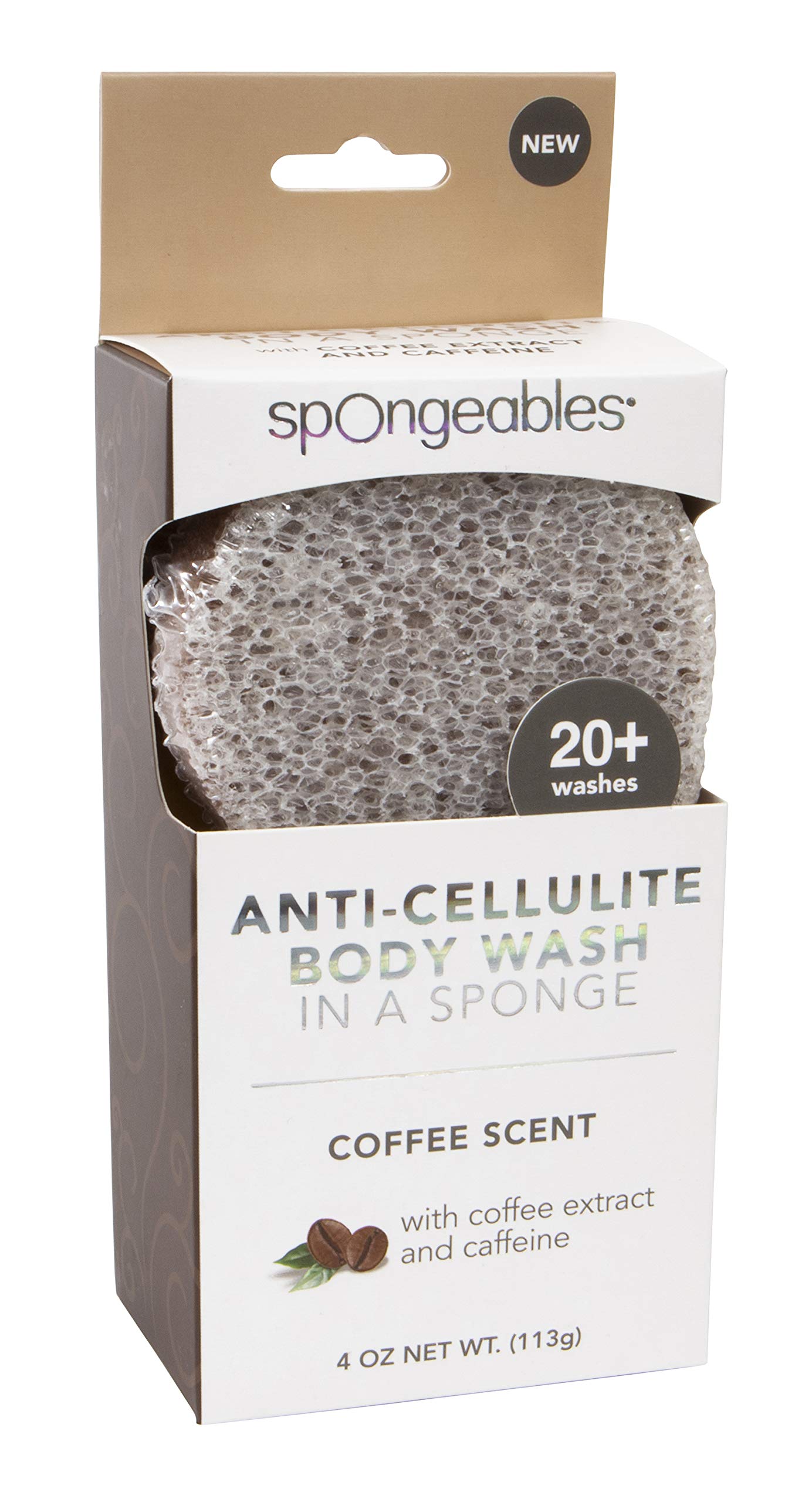 Spongeables Anti-Cellulite Body Wash in a Sponge Scent Spa Massager Moisturizer and Exfoliator 20+ Washes 4oz, Coffee, 1 Count
