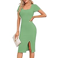 JASAMBAC Women's Ribbed Knit Dresses 2024 Sexy Bodycon Wrap Knit Casual Short Sleeve Sweater Maxi Dress with Side Slit