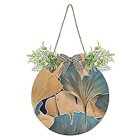 Art Blue Gold Ginkgo Leaves Door Wreaths for Front Door Outside, Round Hanging Signs for Home Decor Holiday Porch Wall Farmhouse Indoor Outdoor Decorations