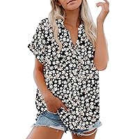 Women's Tops and Blouses Short Sleeved Shirt, Daily Fashion Printed Button Top, Chest Pocket Cardigan Tops, S-2XL