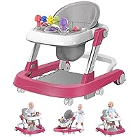 Baby Walker with Wheels, 2-in-1 Activity Walker Learning-Seated, Walk-Behind, Removable Play Tray, Adjustable Height & Speed, Foldable Baby Walker for Boys and Girls from 6-18 Months with Footrest