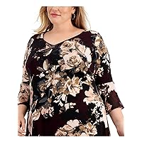 Connected Apparel Womens Burgundy Stretch Floral Bell Sleeve V Neck Above The Knee Cocktail Fit + Flare Dress Plus 18W