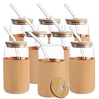 Glass Cups with Bamboo Lids and Straws 8pcs Set, 20oz Can Shaped Cute Tumbler Cup with Cleaning Brushes, Beer Glasses, Iced Coffee Cups with Silicone Protective Sleeve BPA Free, Amber