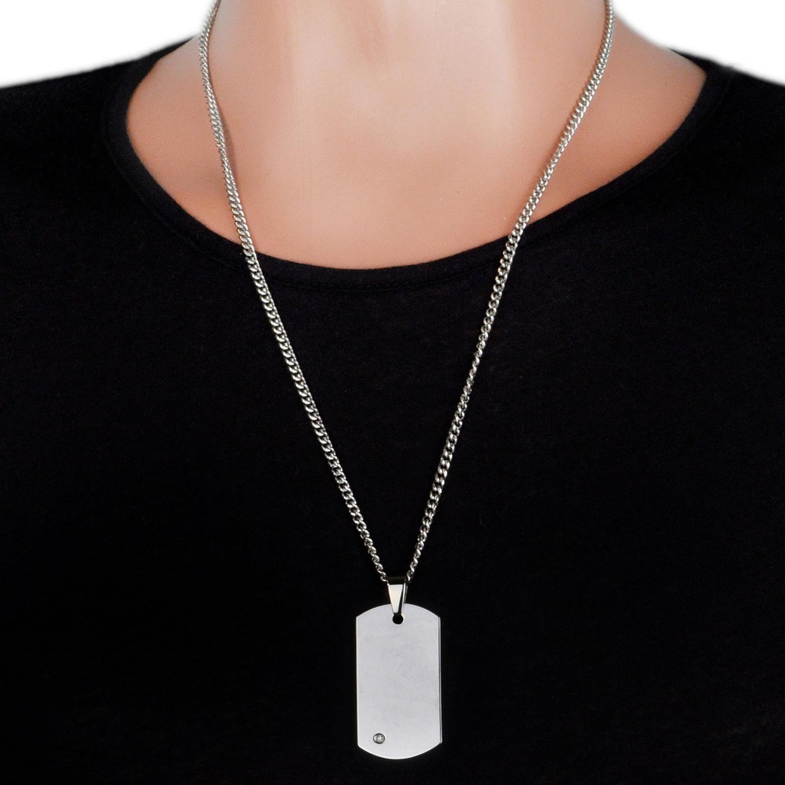 Crucible Jewelry Mens Tungsten Carbide Diamond Dog Tag Curb Chain Pendant Necklace, 24-Inch, White
