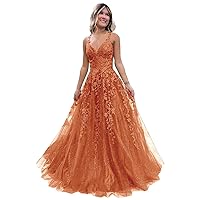 Lace Appliques Prom Dresses for Women Long 2024 Glitter Tulle Spaghetti Strap V-Neck Formal Party Dress for Teens HO004