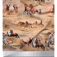 Soimoi Cotton Poplin Fabric Horse Print Brown Craft Material 58 Inches Wide by The Yard