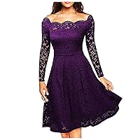 Casual Dresses for Women Casual Fasion Solid Strapless Hollow Out Lace High Waist Long Sleeve A Line Big Swing Dress
