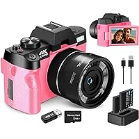 4k Digital Cameras for Photography, Video/Vlogging Camera for YouTube with WiFi & App Control, Travel Camera with 32GB TF Card & 2 Batteries,Compact Camera,Great Gift Choice, Pink