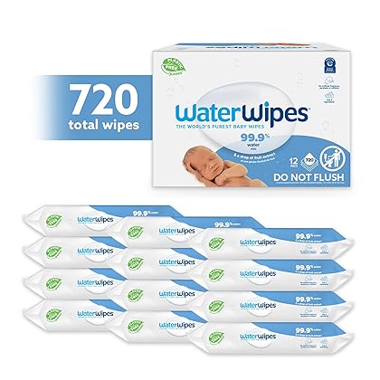 WaterWipes Plastic-Free Original Baby Wipes, 99.9% Water Based Wipes, Unscented & Hypoallergenic for Sensitive Skin, 60 Count (Pack of 12), Packaging May Vary