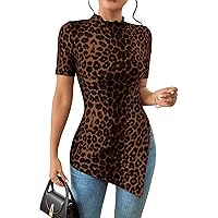 SweatyRocks Women's Leopard Print Split Hem Tee Shirt Mock Neck Short Sleeve Tunic Top