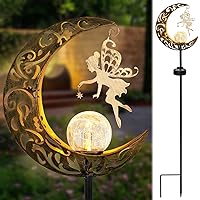 Ouddy Decor Solar Garden Lights Outdoor Decor, Moon Fairy Crackle Glass Globe with Angel Garden Gifts Yard Pathway Stake Lights Solar Powered Waterproof for Walkway Lawn Patio Gardening Gifts Decor