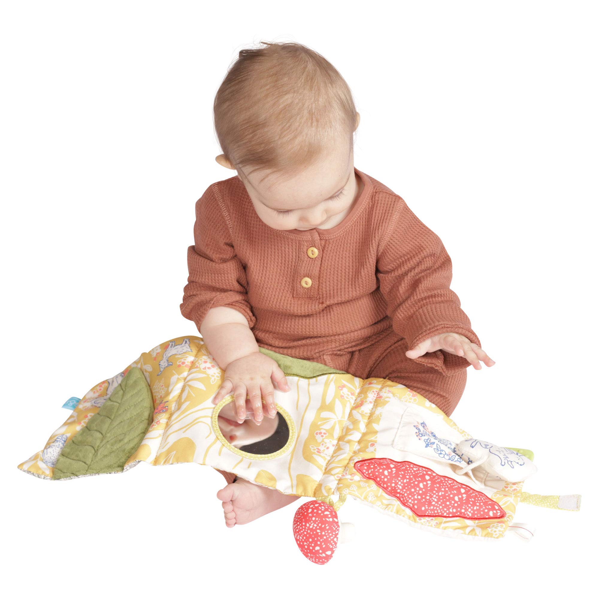 Manhattan Toy Deer One Soft Activity Crinkle Book & Fold Out Pat Mat for Baby , Toddler with Squeaker, Discovery Mirror and Teether Large