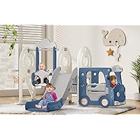 5 in 1 Toddler Slide and Swing Set, Kid Slide for Toddlers Age 1-3, Bus Themed Baby Slide with Basketball Hoop, Indoor Outdoor Slide Toddler Playset Toddler Playground Blue Gray