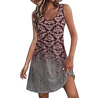 Fitted Summer Dresses for Women 2024 Floral Dress for Women 2024 Summer Vintage Casual Trendy Beach Slim Fit with Sleeveless V Neck Tank Dresses Deep Red 3X-Large