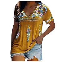 Embroidery Mexican Shirts for Women, Ladies Ethnic Style Tops Summer Short Sleeve Boho Floral Print Tees Blouse