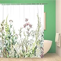72x72 Inches Shower Curtain Set with Hooks Rim Border with Herbs and Wild Flowers Leaves Botanical Colorful on White Watercolor Home Decor Waterproof Polyester Fabric Bathroom Curtains