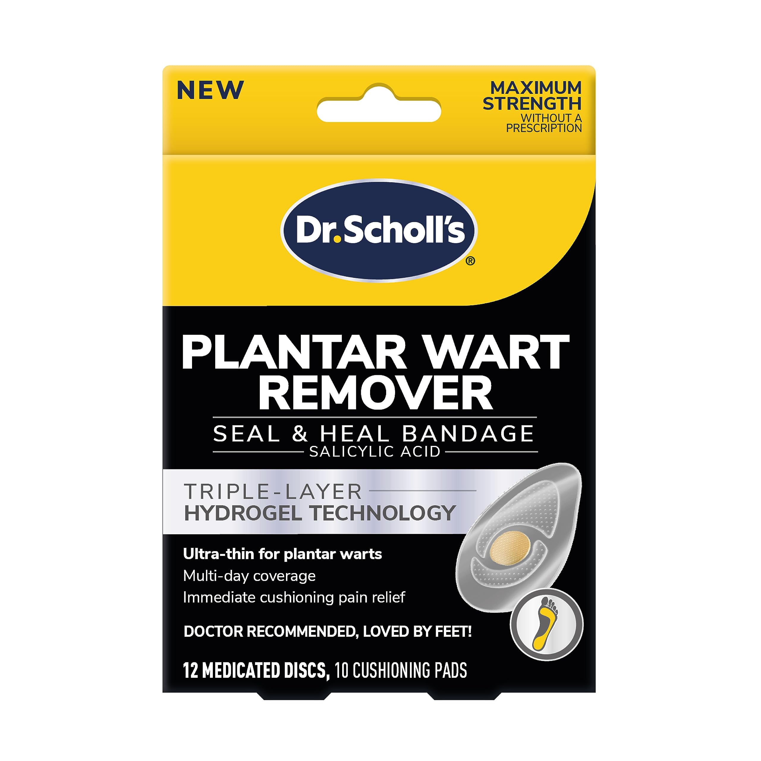 Dr. Scholl's Plantar WART Remover HYDROGEL Bandage // 12 Discs/10 Cushions, Immediate Cushioning Pain Relief, Ultra-Thin, Maximum Strength, 12 Treatments