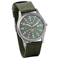 JewelryWe Men's Military Green Dial Nylon Strap Quartz Calendar Wrist Watch Night Vision Luminous Wristwatch for Father's Day