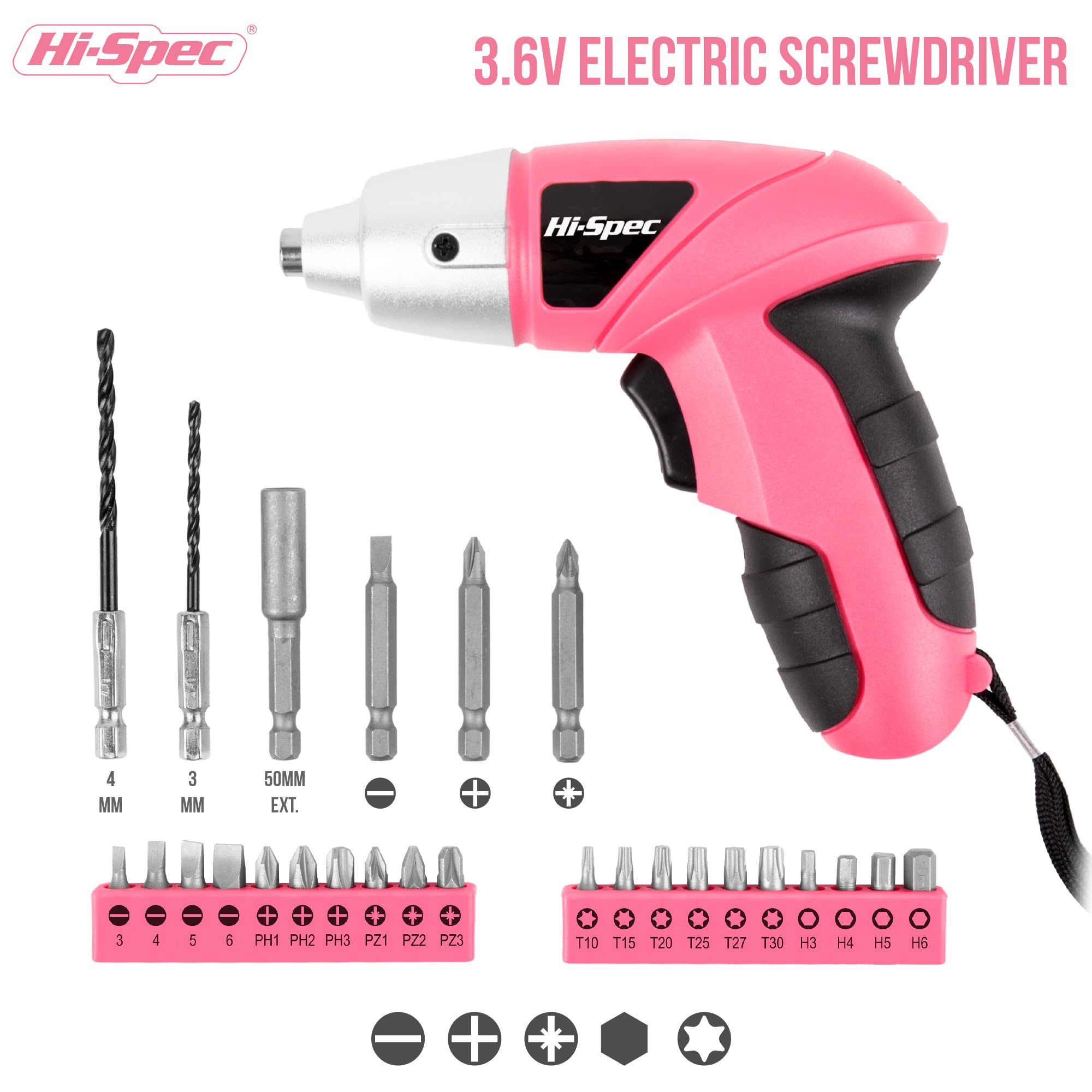 Hi-Spec 27 Pc Electric Screwdriver Pink 3.6V with 23 Drill Bit Set for Woman. Cordless Screwdriver Tool with USB Rechargeable Battery and LED Light for DIY Home & Office