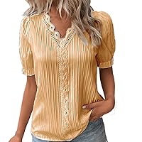 Womens Lace V Neck Tops 2024 Summer Short Sleeve Blouse Dressy Casual Solid Color Elegant Tees Loose Comfy Pullover