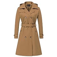 CREATMO US Women's Long Trench Coat Double-Breasted Classic Lapel Overcoat Belted Slim Outerwear Coat with Detachable Hood
