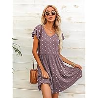 Dresses for Women - Polka Dot Flutter Sleeve Ruffle Hem Babydoll Dress (Color : Mauve Purple, Size : X-Large)