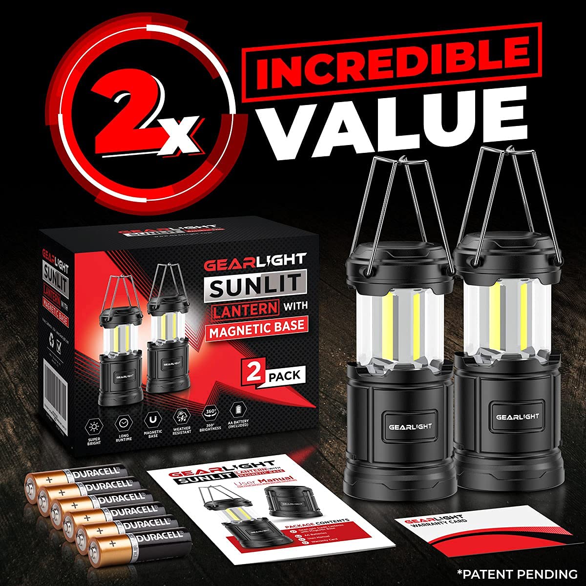 GearLight Camping Lantern - 2 Portable, LED Battery Powered Lamp Lights, Magnetic Base and Foldable Hook for Emergency Use or Campsites