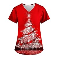 New Christmas Scrub Tops for Women Beautiful Christmas Tree Print Shirt Scrubs Nurse Gifts Uniform with Pockets